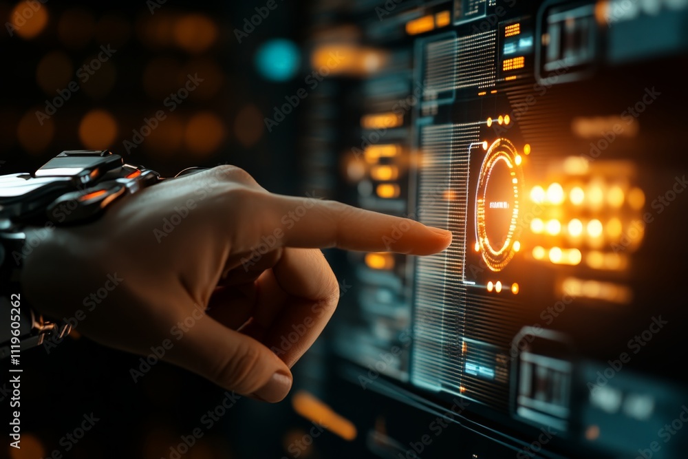 Poster hand interacts with futuristic touchscreen interface glowing with orange lights in a high-tech envir