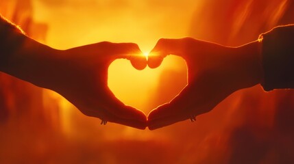 Fototapeta premium Two hands forming a heart shape against a vibrant sunset.