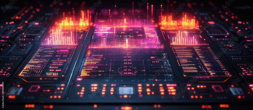 Poster futuristic digital interface with glowing lights and lines, abstract technology background.