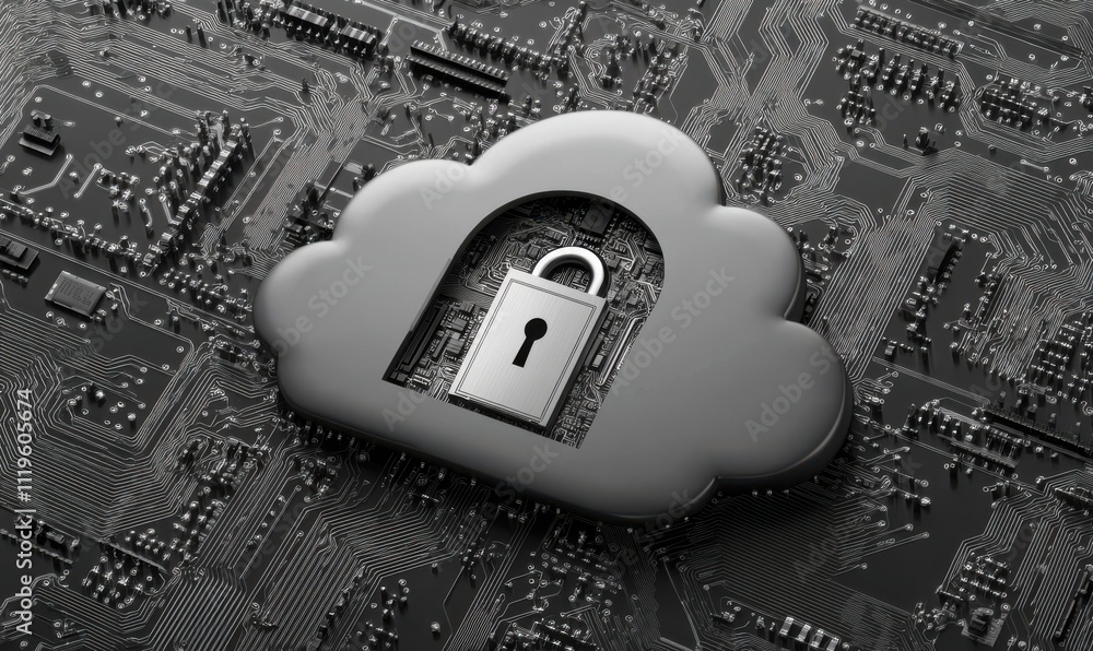 Poster cloud computing security concept with a lock symbol on a circuit board background, representing data