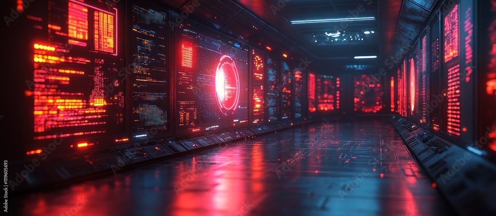 Poster a long, futuristic corridor lined with glowing screens displaying data and information.