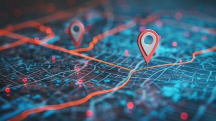 Digital hand set location on map with two pins. AI technology in GPs, innovation delivery 