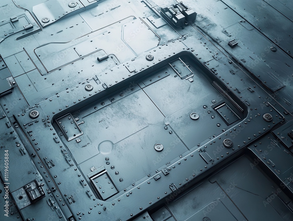 Poster detailed close-up of a textured metallic surface with geometric patterns and industrial elements fea