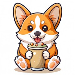 Playful Corgi with Cup of Coffee and Big Smile in Cartoon Style