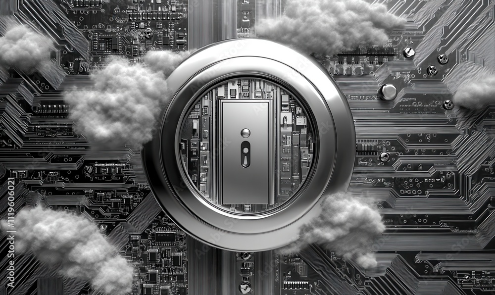 Poster Digital Lock Mechanism Surrounded by Clouds with Technology Circuit Board Background Depicting Cybersecurity Concept and Data Protection in Modern World