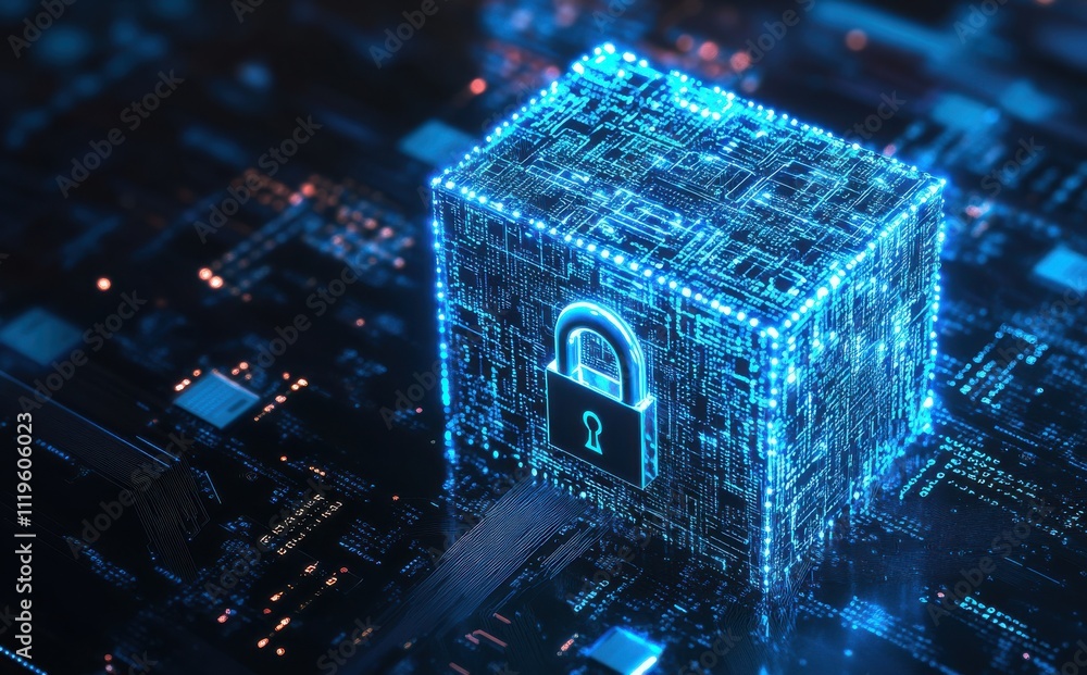 Poster digital security concept depicted as a glowing lock symbol on a cube surrounded by high-tech circuit