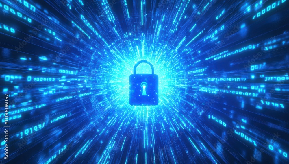 Poster digital security concept featuring a lock surrounded by binary code in a vibrant blue environment re