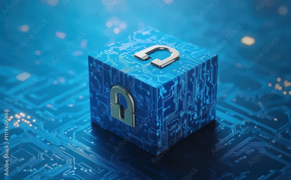 Poster digital security concept with a blue lock box surrounded by circuit patterns and light reflections r