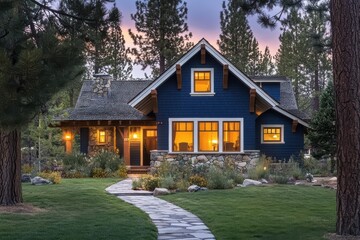 Obraz premium Cozy craftsman house blue exterior white trim stone accents warm glowing windows twilight scene