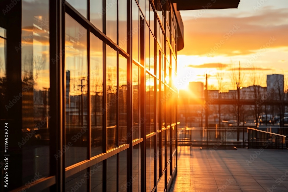 Poster sunset reflections on modern building windows create a beautiful evening atmosphere in an urban sett