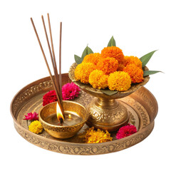 Brass Puja Thali with Incense, Flowers, and Oil Lamp