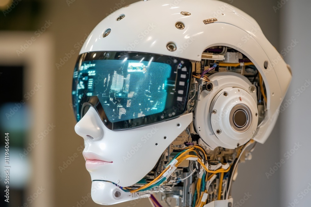 Poster robot head with futuristic design showcasing internal circuitry and advanced technology during a tec