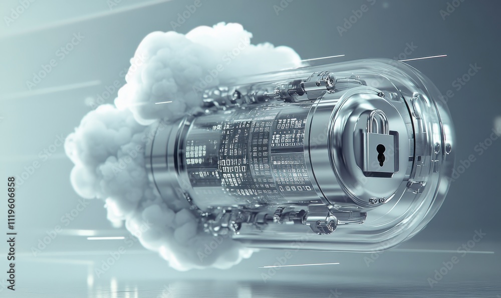 Poster futuristic digital safe with locked data container and cloud of smoke representing data security and