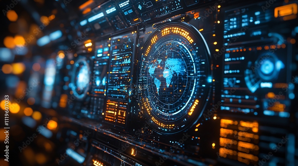 Poster futuristic space station window displaying earth s weather patterns and data
