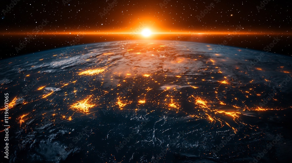 Poster earth s dramatic aerial view from space station window with digital data display