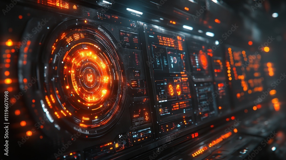 Poster futuristic interface with glowing orange and red lights, displaying data and digital elements.