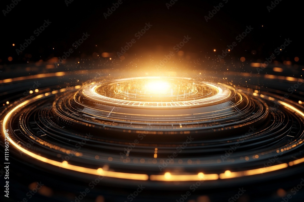 Poster abstract digital art showcasing glowing concentric circles against a dark background with a bright c