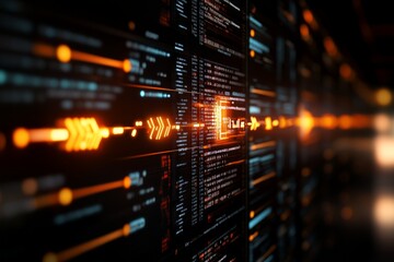 Naklejka premium Visual representation of a digital data flow with glowing lines in a dark background showcasing technology's complexity and elegance