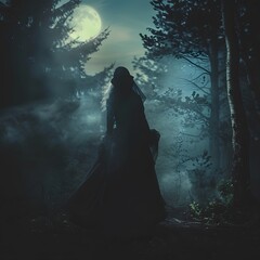 woman in black scary look in a forest