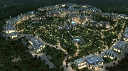 Obraz premium Aerial view of a large, illuminated urban complex with gardens and pathways.