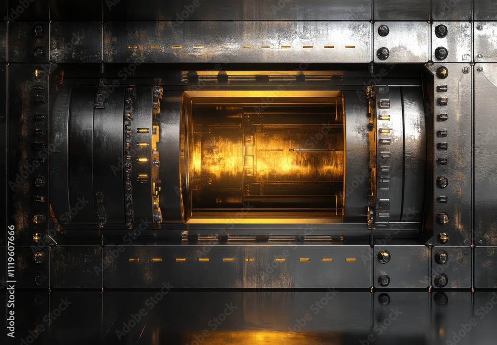Poster industrial mechanism with glowing core: detailed close-up of a spherical chamber surrounded by metal