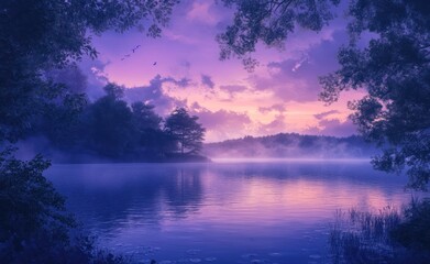 Fototapeta premium A beautiful lake at twilight, with a purple and blue sky