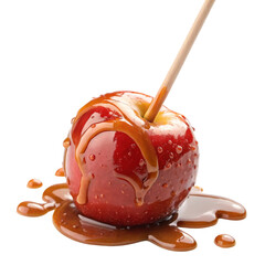 Caramel-dipped apple with sticky syrup and wooden stick