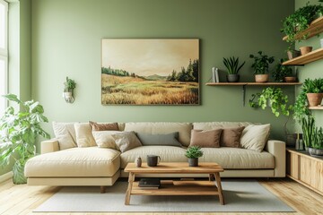 Cozy living room interior sage green wall beige L shaped sofa wooden coffee table rustic landscape painting