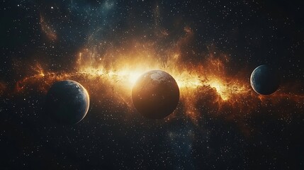 Obraz premium Cosmic View of Earth and Moon Orbiting in Harmony Amid Distant Stars and Nebulae