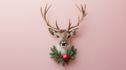 Reindeer head with Christmas wreath on pink background.
