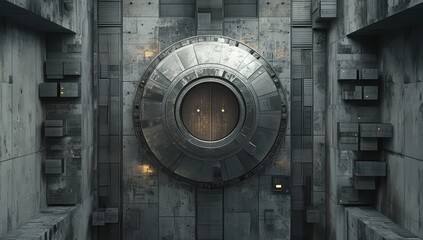Intricate Top-Down View of a Futuristic Industrial Space Featuring Metallic Round Door Surrounded by Abstract Geometry and Textured Concrete Walls