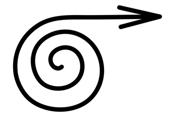 Arrow rotates in a spiral. Sketch. Pointer twists in a circle to the right. Hand drawn sign. Vector illustration. Outline on an isolated white background. Doodle style. Idea for web design.