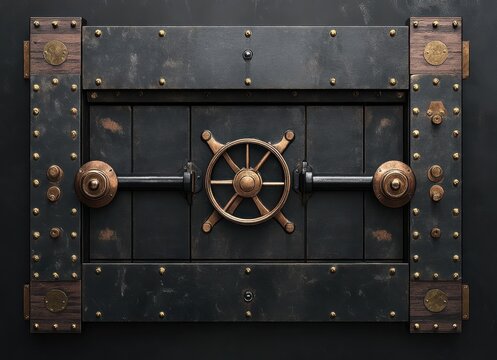 Intricately Designed Antique Vault Door with Brass Hardware and Nautical Wheel Feature, Perfect for Historical or Security-Themed Projects