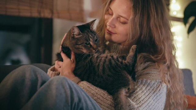 Close-up of a young woman hugging her cat in her cozy house in the evening