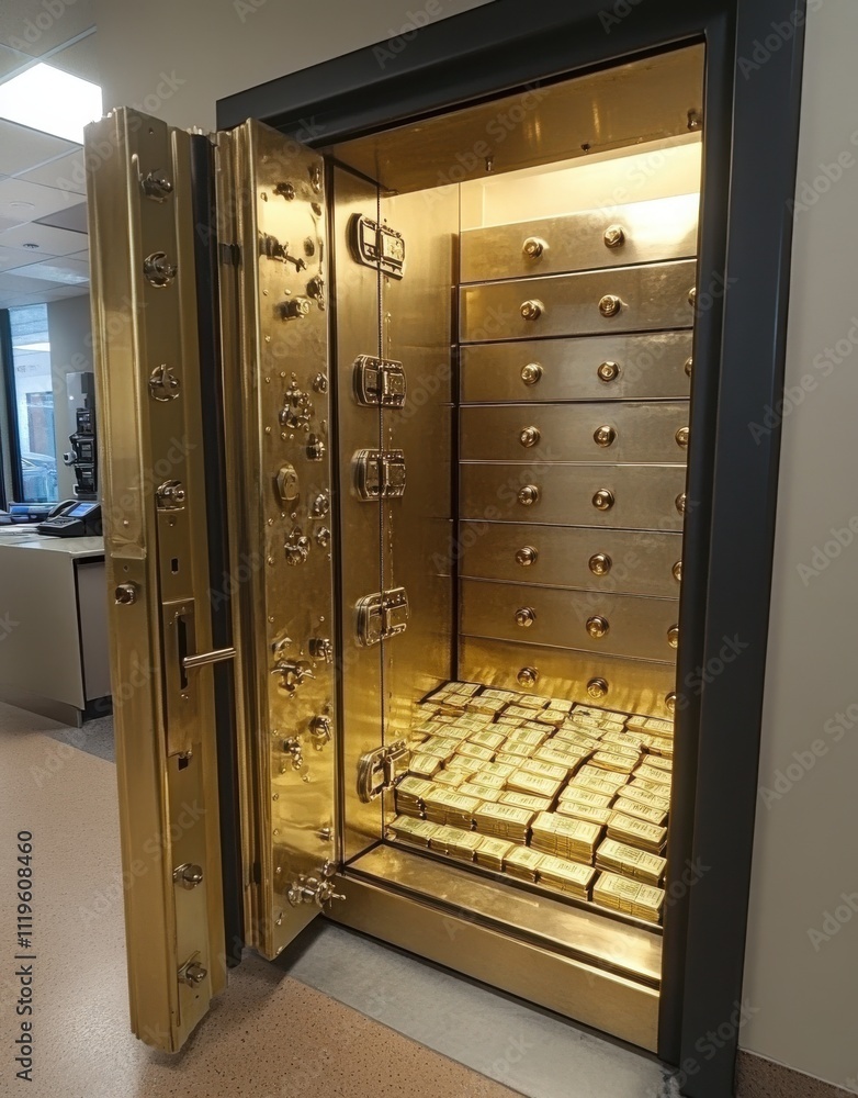 Aufkleber luxurious open safe displaying rows of gold bars in a high-security bank vault, showcasing wealth an