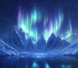 Majestic Northern Lights Dancing Over Snow-Capped Mountains and Reflecting on Still Waters in a Serene Night Sky of Stars and Glowing Colors