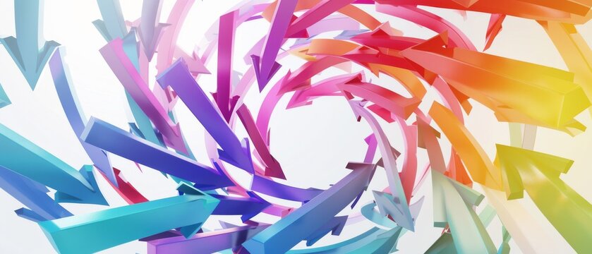 Dynamic swirl of multi-colored arrows creates a sense of motion and energy against a white backdrop. - Powered by Adobe