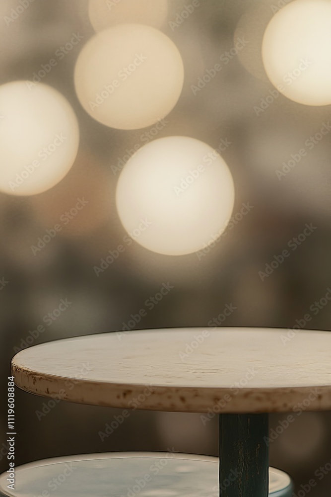 Poster modern minimalist cafe interior with empty round table and blurred bokeh lights background