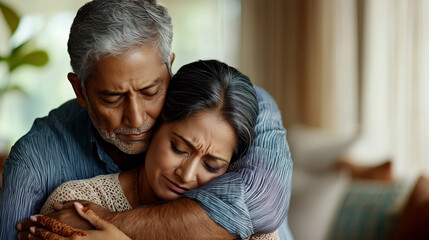 Fototapeta premium Loving Indian Man Comforting Sad Wife in Softly Lit Living Room