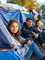 Teenagers camping in the woods. They are sitting in front of their tent and look happy. The sun is setting in the background.