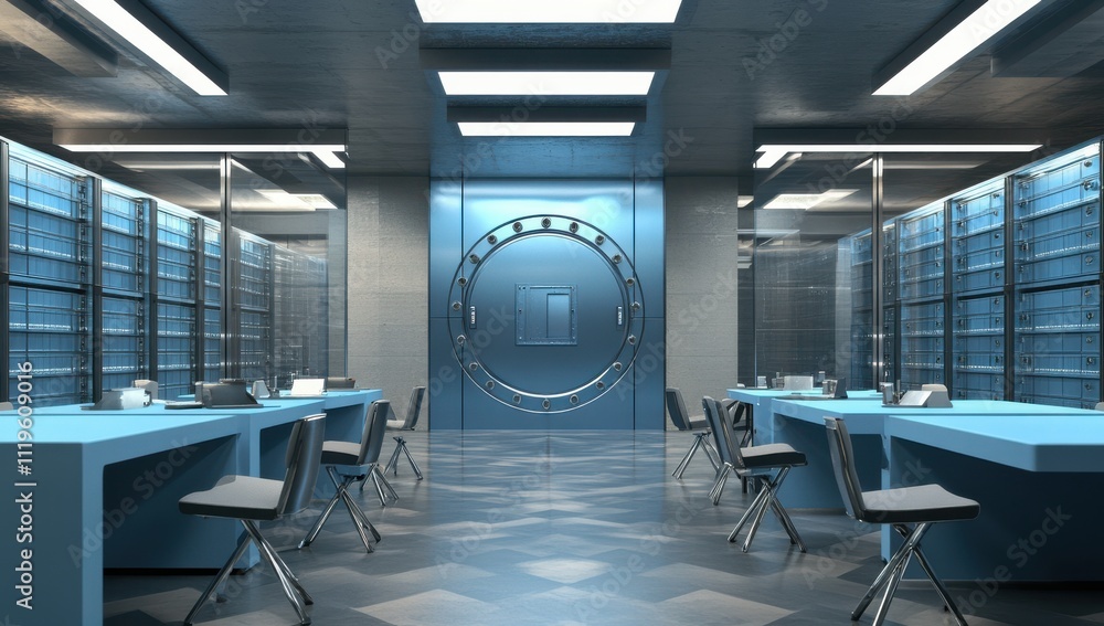 Poster modern and sleek vault interior showcasing security features with futuristic design elements and adv