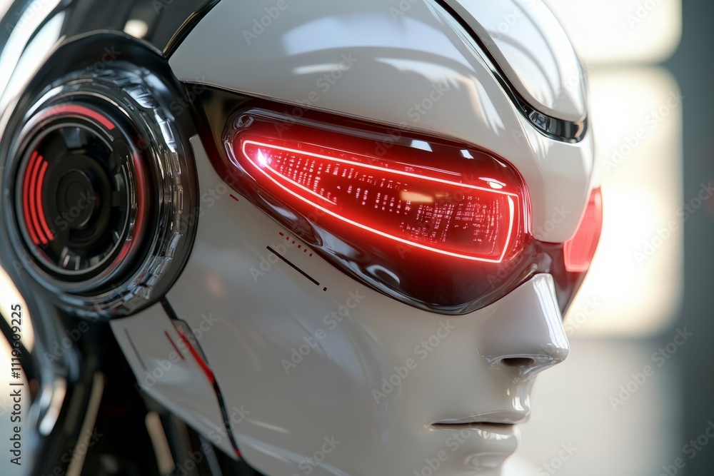 Poster futuristic humanoid robot with illuminated eyes in a high-tech environment showcasing advanced techn