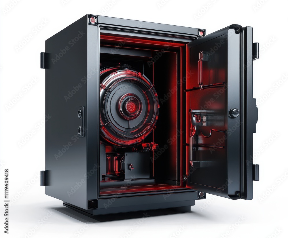 Poster modern secure safe with open door revealing complex locking mechanism, highlighted in red lighting f