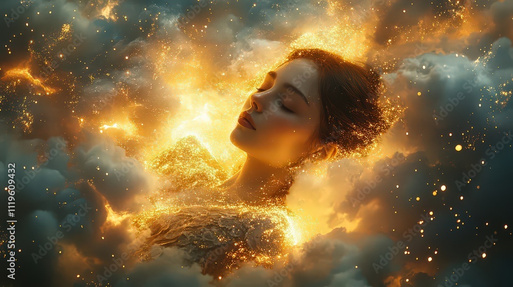 Wall mural sleeping figure surrounded by golden light, drifting above clouds with sparkling particles trailing 