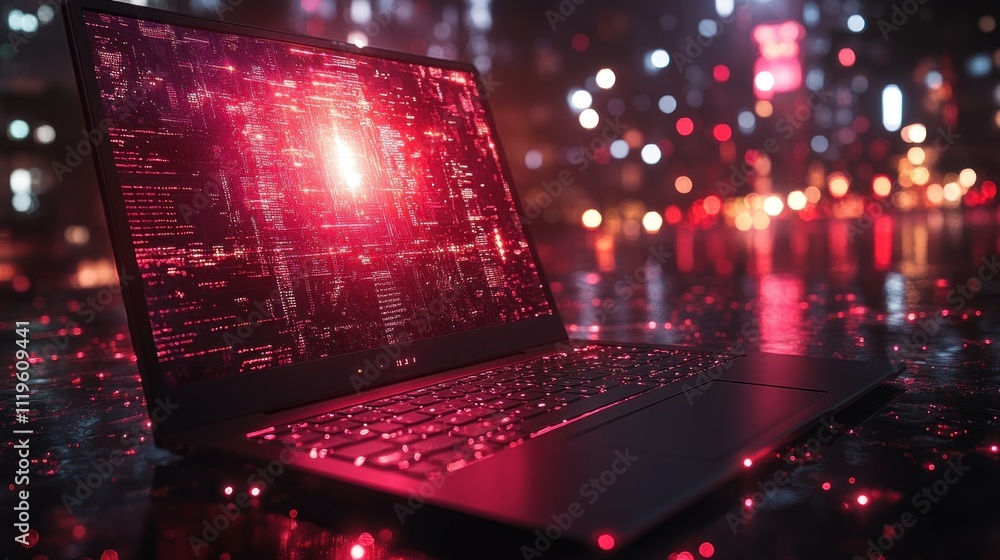 Poster a laptop with a glowing screen displaying code, set against a backdrop of a city at night.
