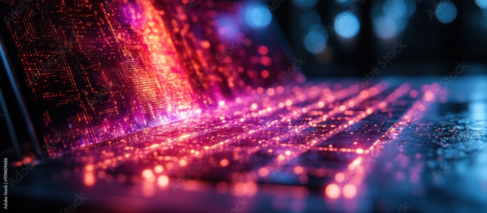 Poster close-up of a laptop keyboard with a glowing red and blue light emanating from the keys.