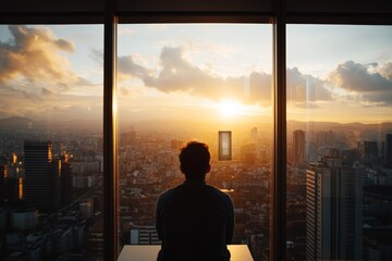 Fototapeta premium Sunset view from high-rise building with a person contemplating the city landscape