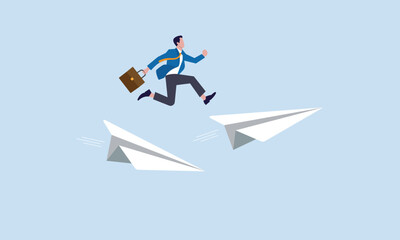 Business and career path concept, achievement, ambition, challenge, businessman jump over the new paper plane
