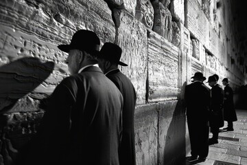 Jewish men praying at the western wall, one of the holiest sites in judaism, located in the old city of jerusalem