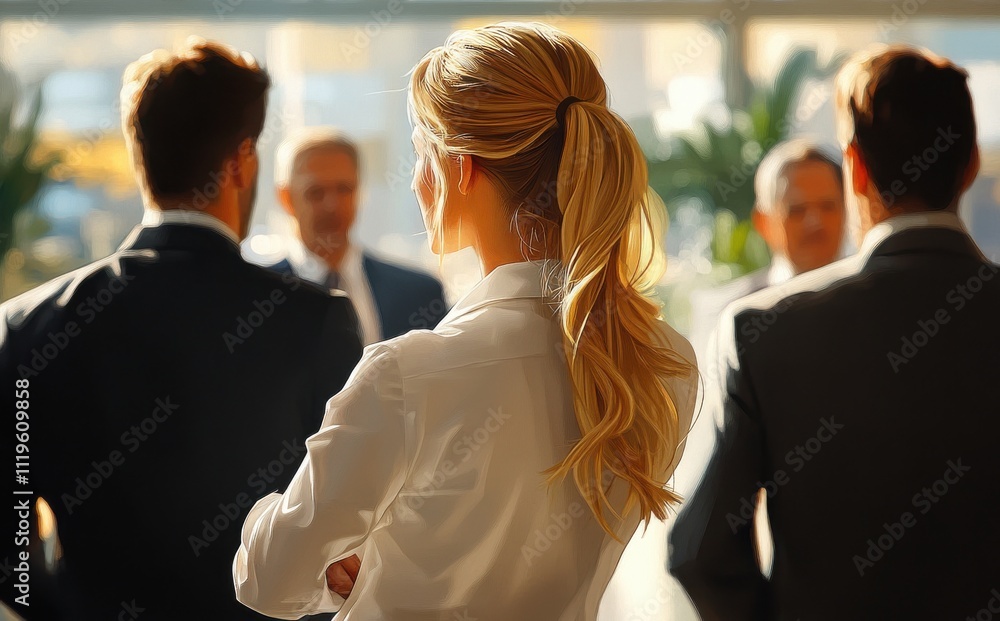 Poster professional business meeting with attendees in formal attire engaged in discussion and networking a